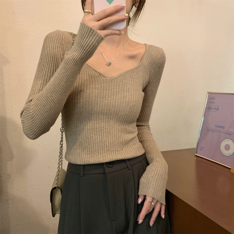 好物2025秋季韩版修身气质别致V领长袖内搭针织打底衫毛衣女上衣|undefined