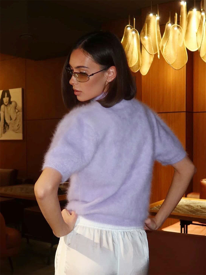 Áo cardigan dệt kim tay ngắn cổ bán cao ôm dáng phong cách retro — Màu hồng, Màu hồng cánh sen, Màu trắng, Màu tím chi tiết 27