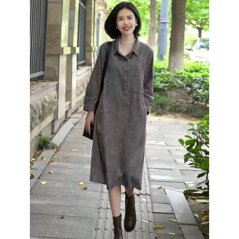 2026 Spring and Autumn Artistic Casual Loose Plus Size Women's Striped Tie Slimming Long Sleeve Cotton Linen Shirt Dress 2026 Spring and Autumn Artistic Casual Loose Plus Size Women's Striped Tie Slimming Long Sleeve Cotton Linen Shirt Dress