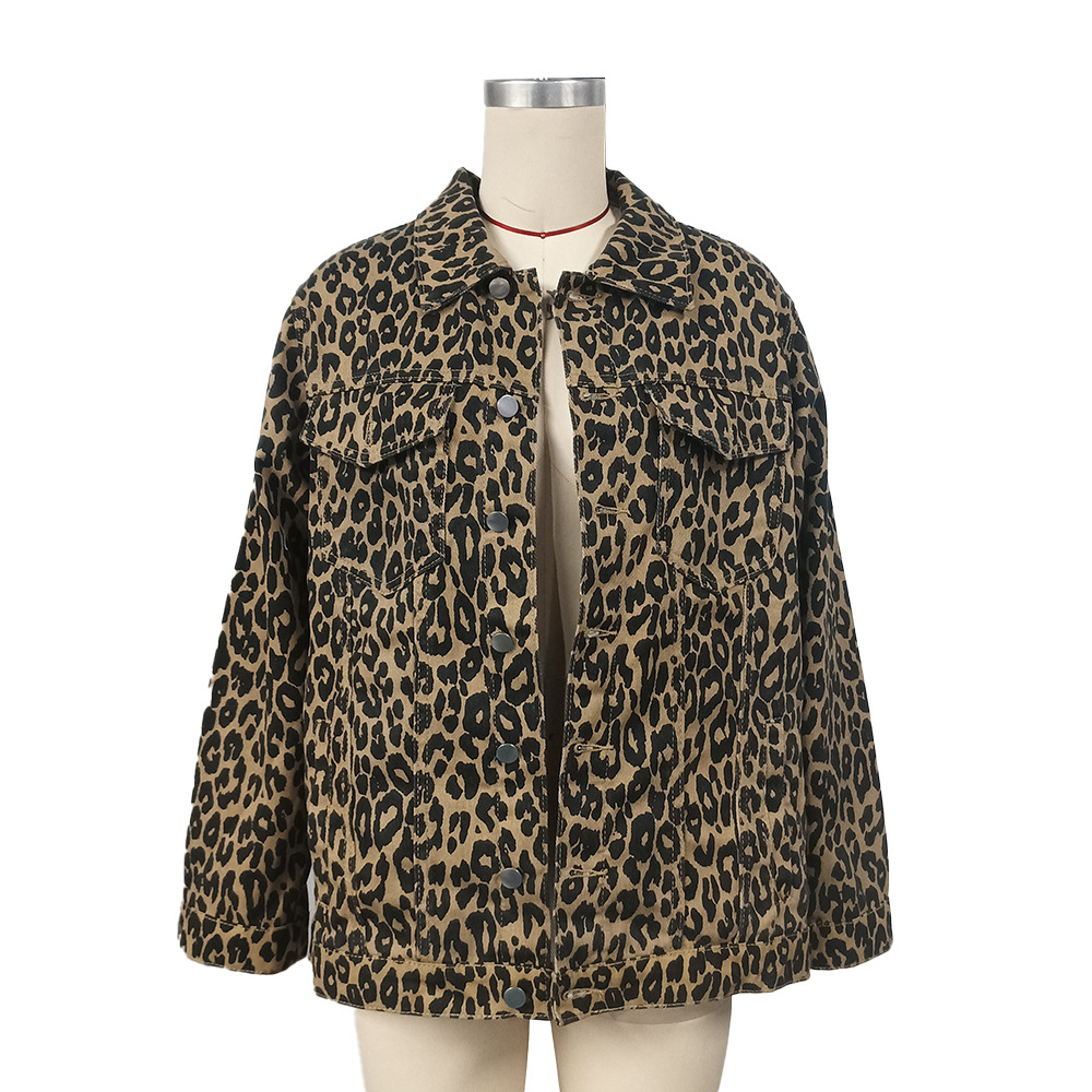 646g Weight Casual Jacket Outerwear Type Long Sleeve Sleeve Length Single Breasted Placket Type Regular Sleeve Sleeve Type Cotton, Denim Fabric Type Regular Top Length Coat Tops Type Women's Streetwear Leopard Single Breasted Coat Casual Jacket
