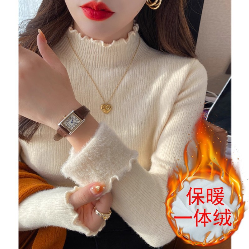 (2개) 가을과 겨울 반 높이 칼라 따뜻한 기모 두꺼운 원피스 벨벳 니트 베이스 셔츠 여자 올 매치 서양식 풀오버 스웨터