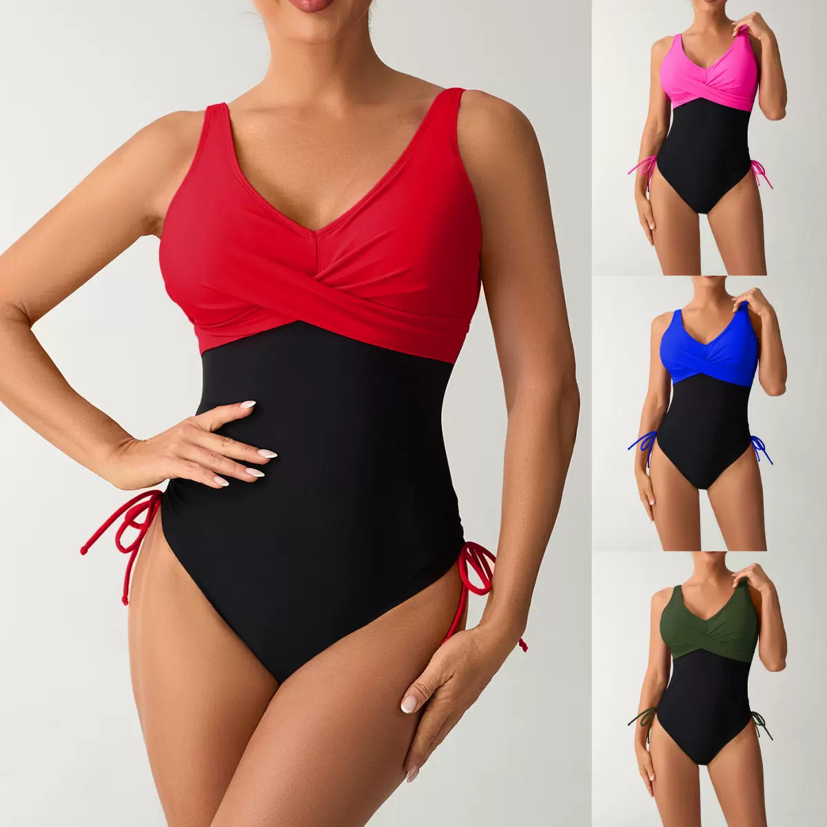 亚马逊新款修身拼色连体泳衣女2026兴城跨境性感露背女士锦纶泳装