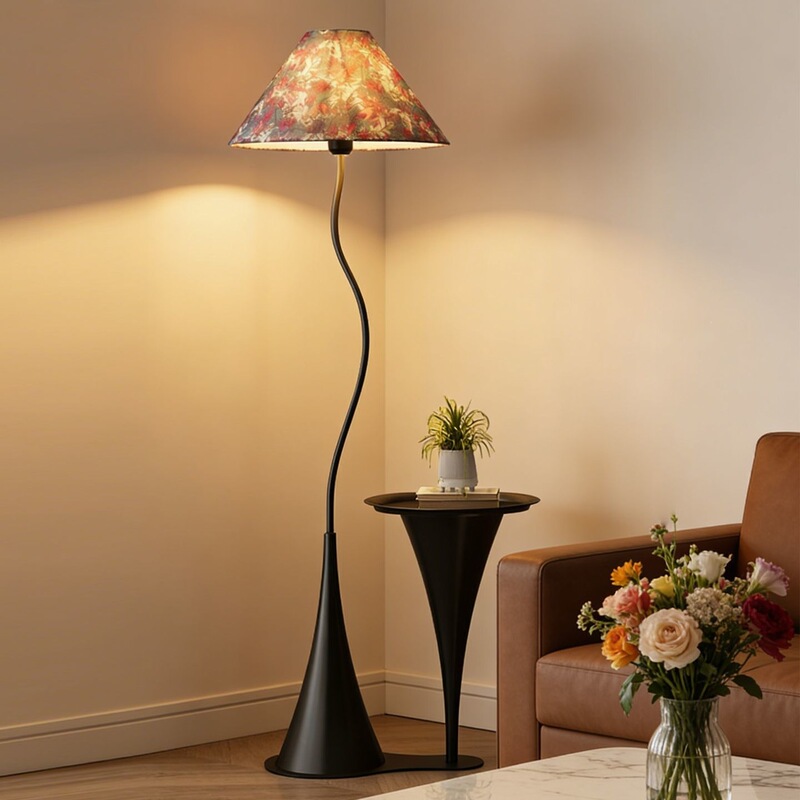 French-style vintage ambiance floor lamp, standing next to the living room sofa, integrated decorative shelf, bedroom lighting fixture