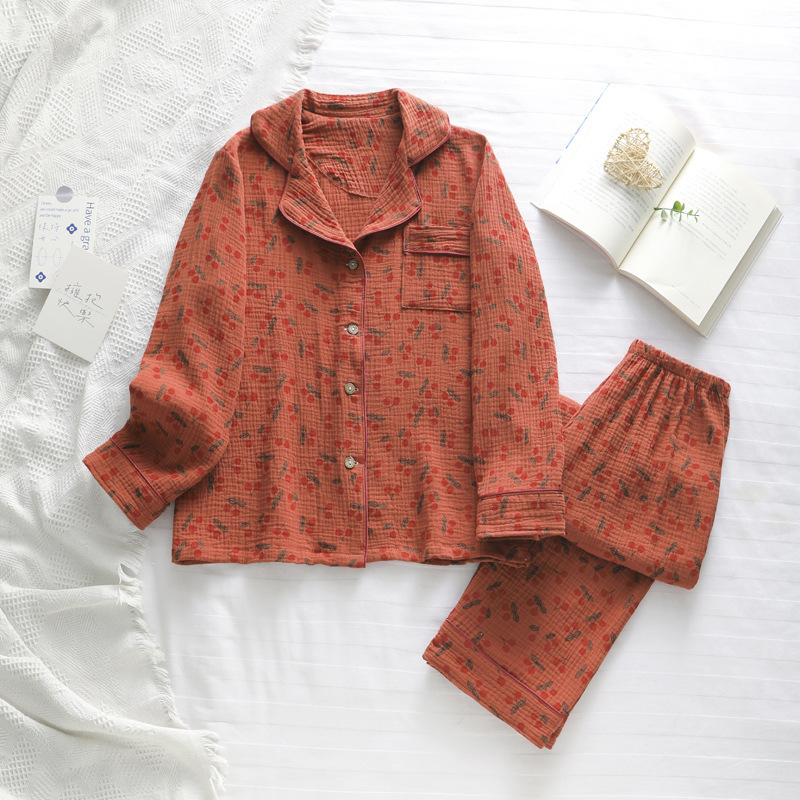 New Double Yarn Cotton Pajamas Women's Long-sleeved Trousers Cotton Jacquard Breathable Soft Split Home Suit