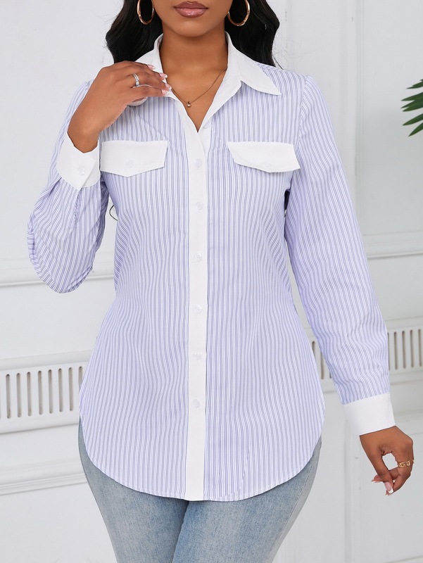 2025 新しいクロスボーダー AliExpress ヨーロッパとアメリカの服新しいルーズストライプ通勤多用途長袖シャツ|undefined