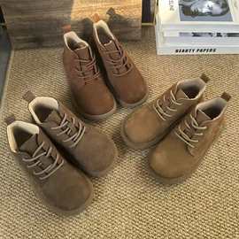 冬季上新加绒保暖棉鞋头层牛皮系带休闲做旧棉靴真皮复古雪地靴