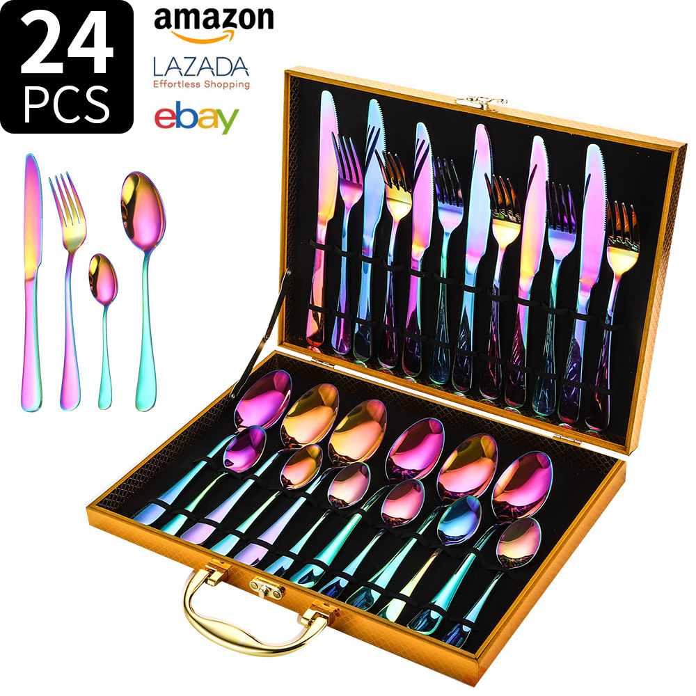 Juego de vajilla de acero inoxidable Transfronterizo Amazon 1010 juego de 24 piezas de vajilla occidental bistec cuchillo tenedor cuchara juego de caja de regalo