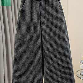 韩系毛呢阔腿裤女秋冬新款加绒加厚高腰显百搭格子裤子25年百搭