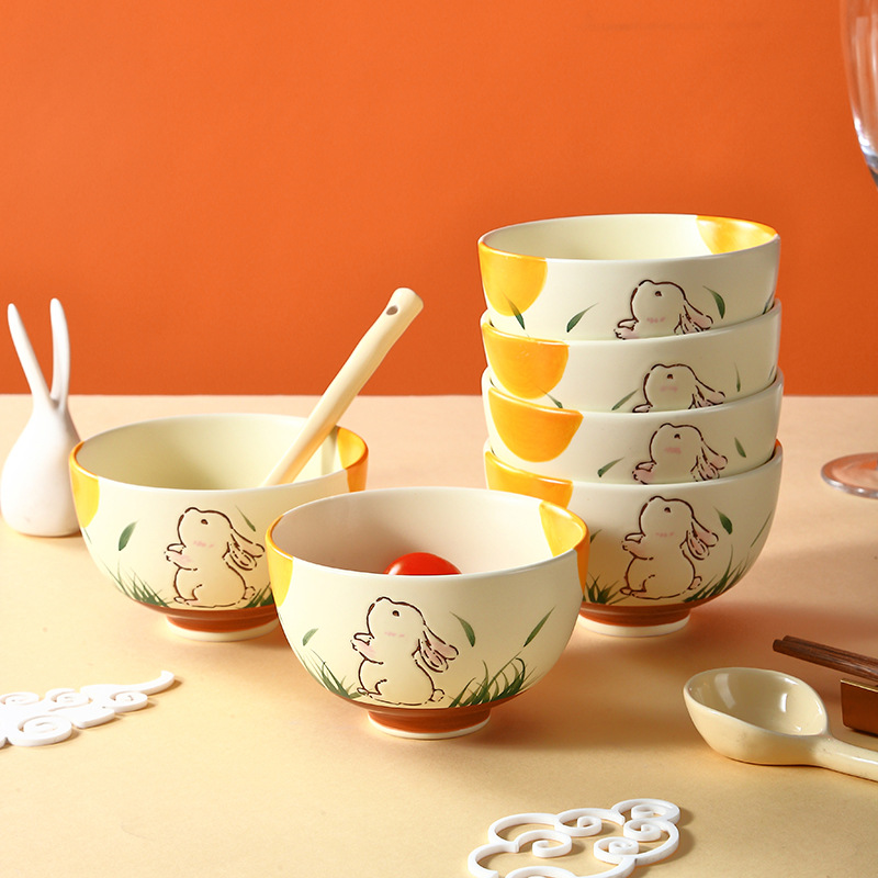 【新品】家用餐具特色碗 哑光陶瓷碗 奶油风卡通皓月兔米饭碗