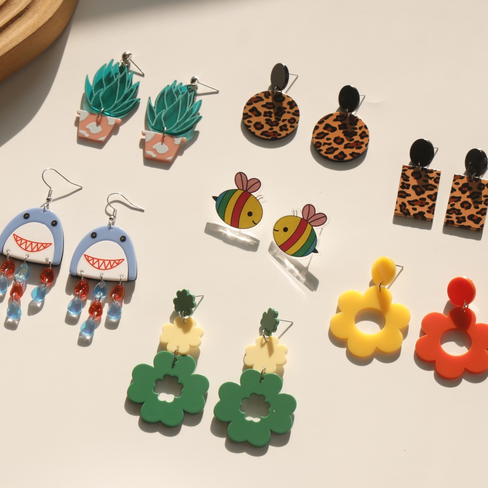 Cactus, Flower Pattern Women'S Gender 1 Pair Fashion Cactus Flower Arylic Drop Earrings