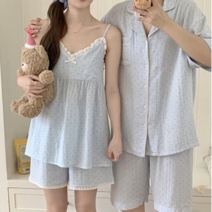 South Korea Ins Women's Summer New Couple Pajamas Korean Style Nightwear Loose Simple Striped Sling Casual Home Clothes