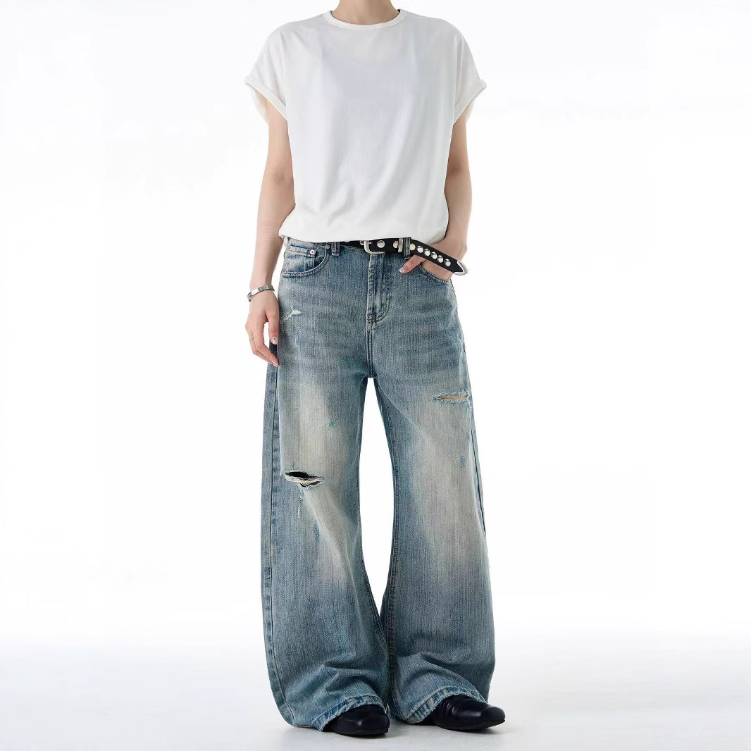 American Retro Distressed Bamboo Pattern Ripped Jeans for Men and Women, Loose Wide-Leg Design, Scimitar Pants, Trendy Brand