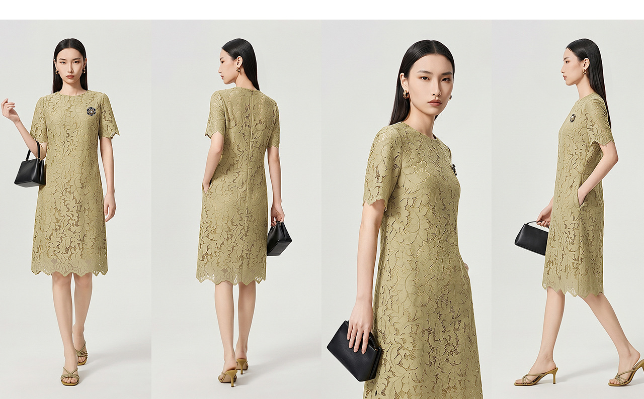 Đầm ren nữ tay ngắn thắt eo kiểu công chúa — màu vàng chi tiết 14