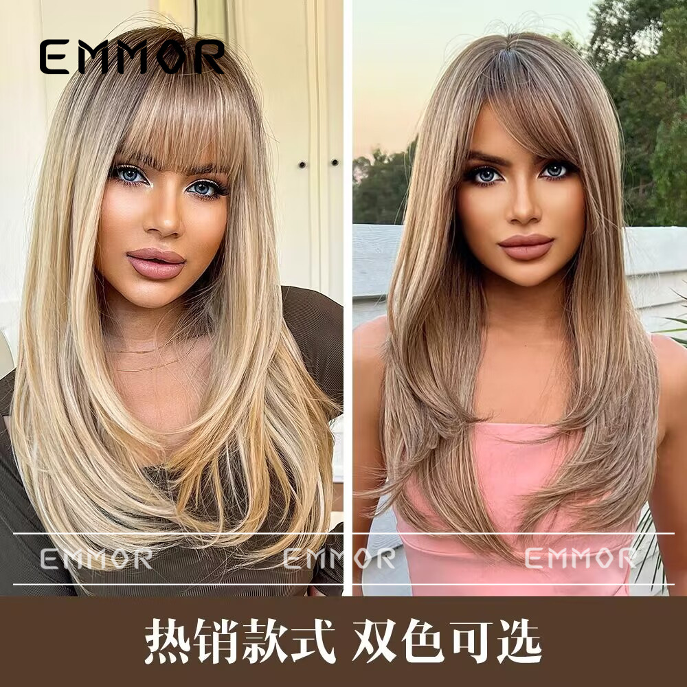 Peluca de venta caliente transfronteriza de Amazon, marrón degradado femenino, cabello largo y rizado con flequillo, juego de peluca de moda de celebridades de Internet europeas y americanas