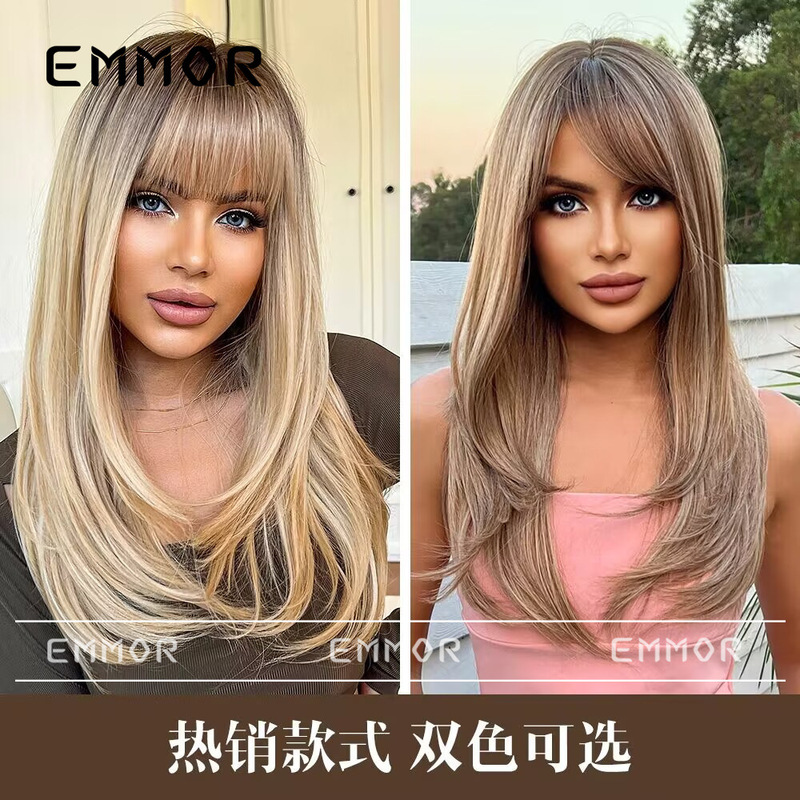 Amazon Cross-border Hot Wig Women's Gradient Brown Long Curly Hair with Bangs European and American Internet Celebrated Fashion Wig Set