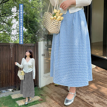 伊诺大码复古格纹半身裙女夏季新款遮胯高腰A字中长裙252432