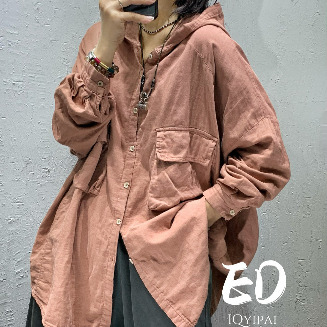 (2개) ED8967 더블 레이어 코튼 대마 모자 느슨한 대형 에디션 셔츠 2023 새로운 솔리드 컬러 패션 캐주얼 카디건 재킷