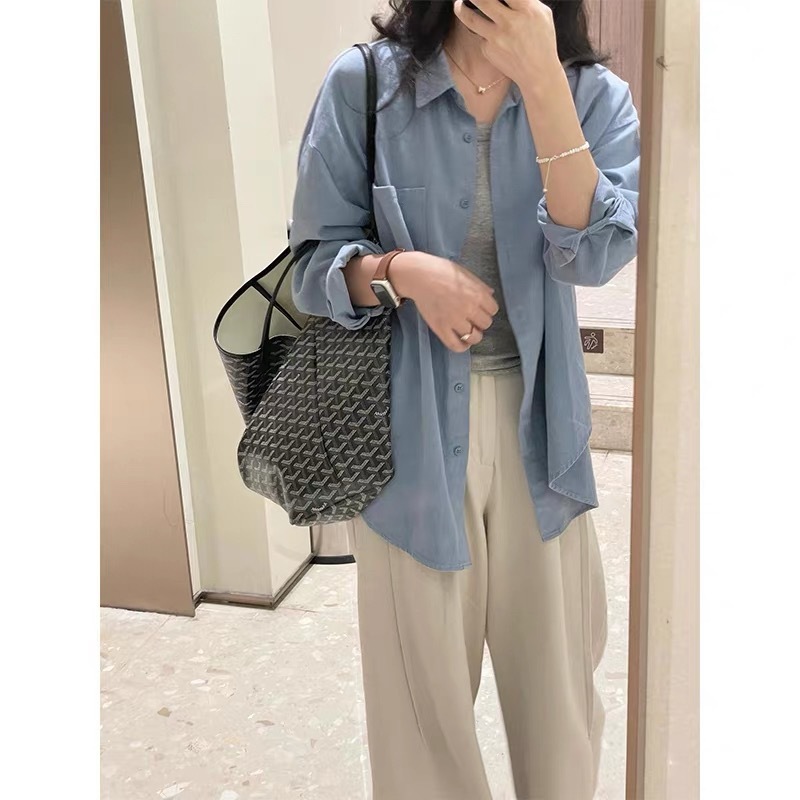 日韩系蓝色水洗棉长袖衬衫女秋季慵懒风宽松休闲气质百搭衬衣外套|undefined