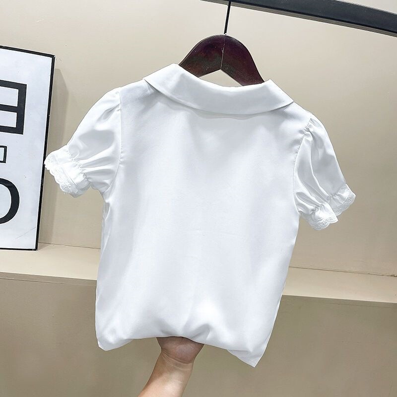 Girls' Short-Sleeved Shirts Summer 2026 New Style Kidsren's Shirts Cotton Polyester Medium and Large Kidsren's Girls' Lace Doll Collar Tops