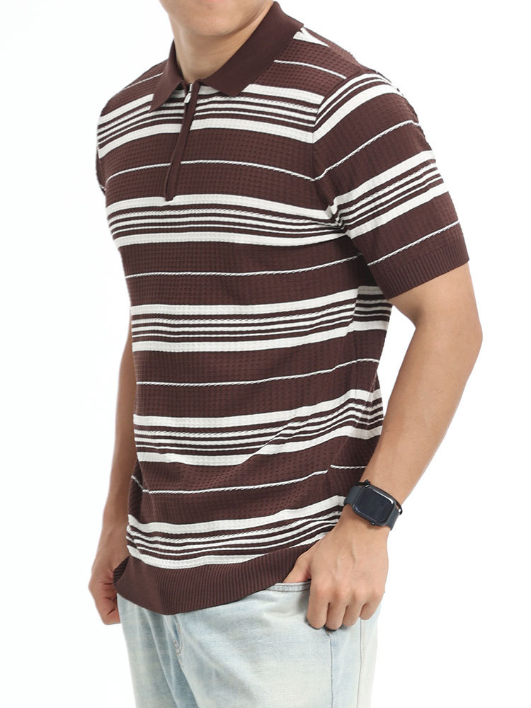 Verano hombre rayas de color contrastante hielo tejedido polo camisa de manga corta semia cremallera solapa textural ligera ropa de hombre de negocios
