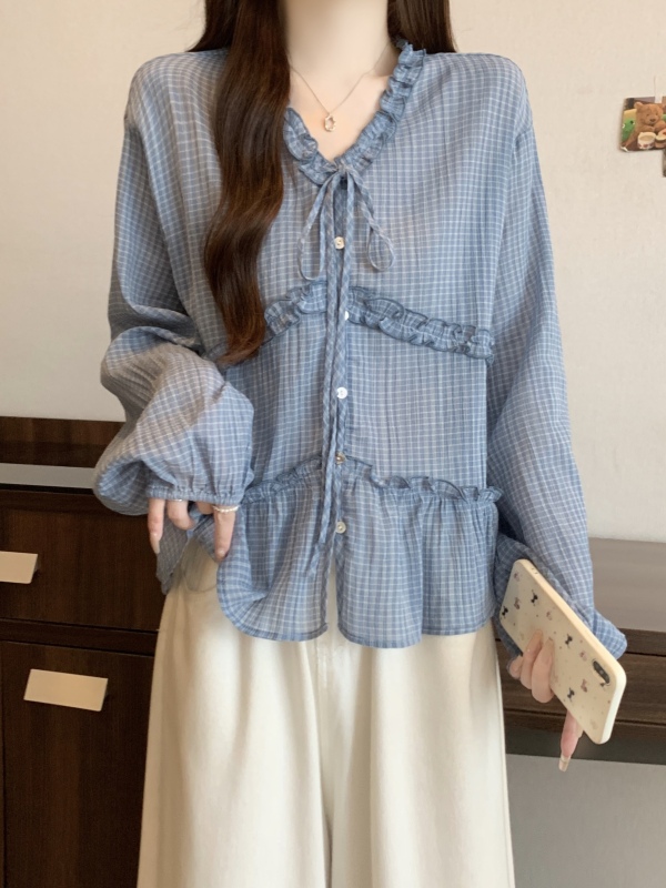 早秋2025新款边格子长袖衬衫大码胖MM别致遮肚衬衣上衣女士|undefined