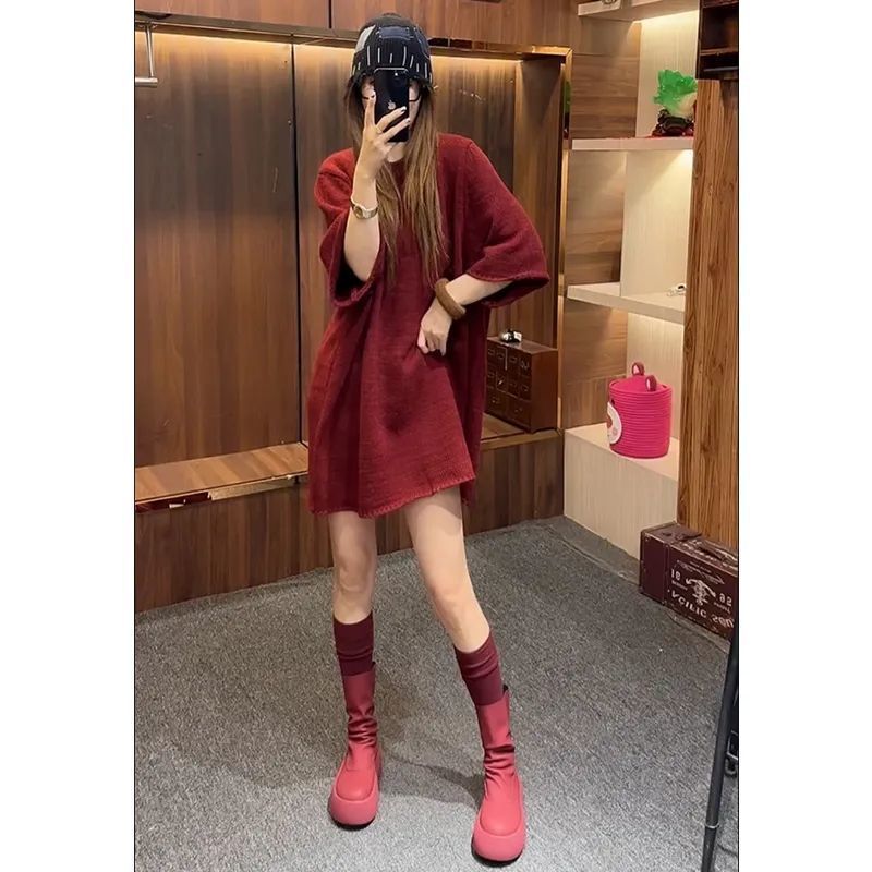 Loose-Fit Round-Neck Solid Color Knit For Women, European Style 2025 Spring New Fashionable Casual Short Dress_ecoleips.com