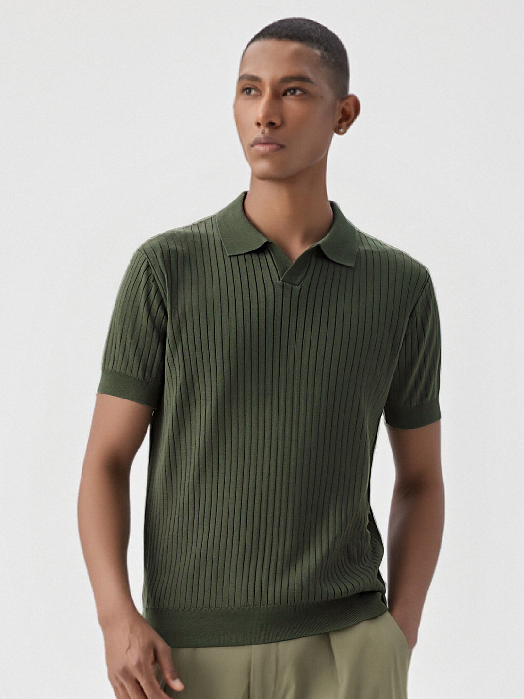 Camiseta Polo de Punto Jacquard con Cuello en V Estilo Americano para Hombre, Cuello Retro de Gaviota, Manga Corta, Modelo E75010