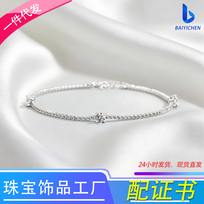 Cross-Border S925 Sterling Silver Electroplated White Gold Inlaid Moissanite Jewelry Tennis-Shaped Design Light Luxury Three-Stone Bracelet