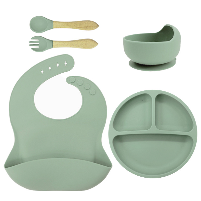 115g bib small sucker bowl wooden fork spoon: army green