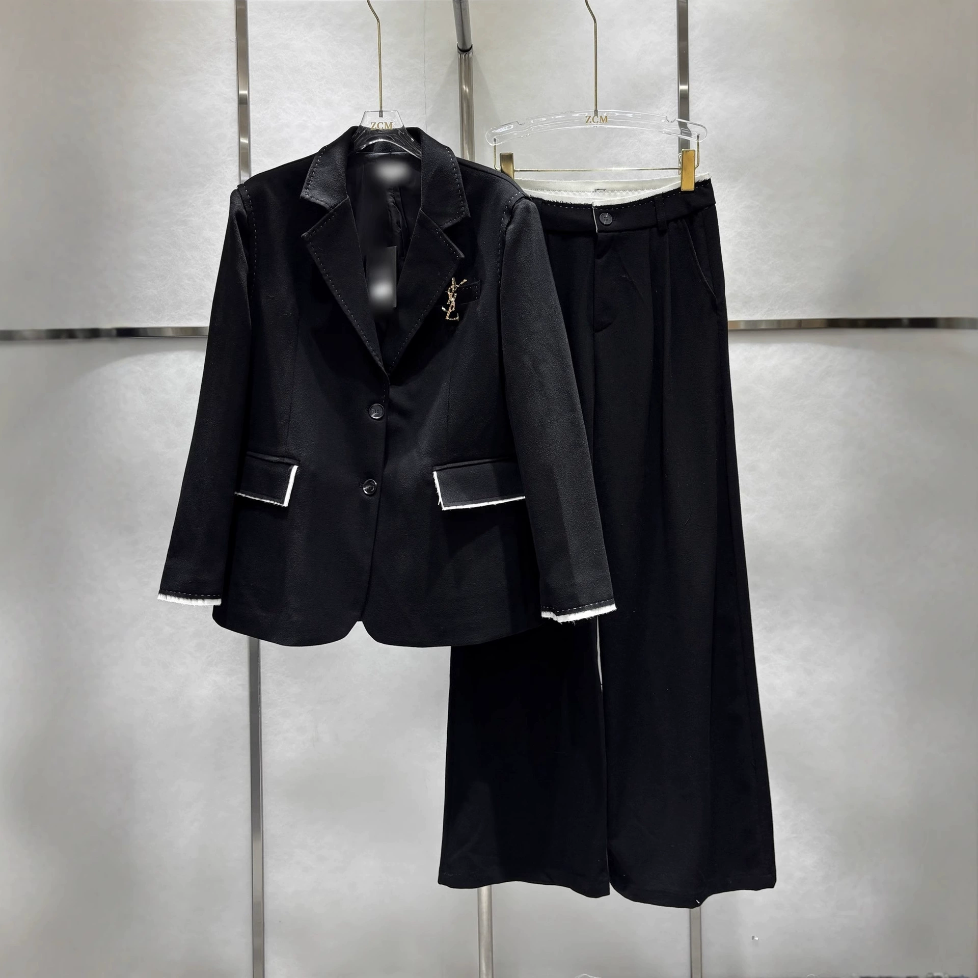 mm25秋冬新款立体剪裁撞色明线毛边西装外套直筒裤