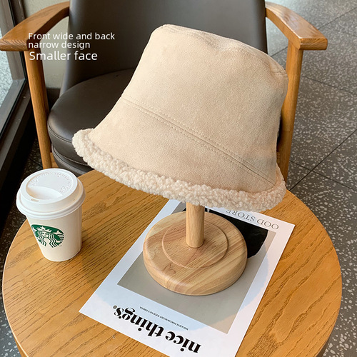Double-sided buckskin velvet bucket hat for girls in autumn and winter, thickened lamb velvet, cold-proof and warm fisherman hat, versatile basin hat