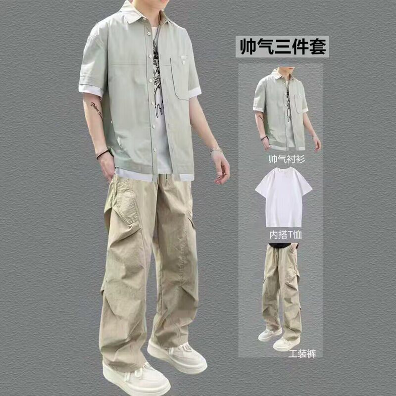 Summer Thin Workwear Short-Sleeved Shirt Set for Boys, American Style Outfit for Teenagers, Trendy and Handsome Complete Summer Outfit
