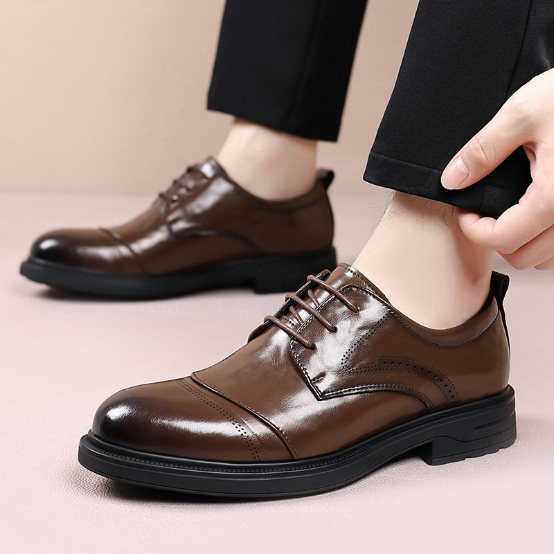 Giày da nam công sở mũi nhọn ba khớp nối dây buộc — màu nâu, đen