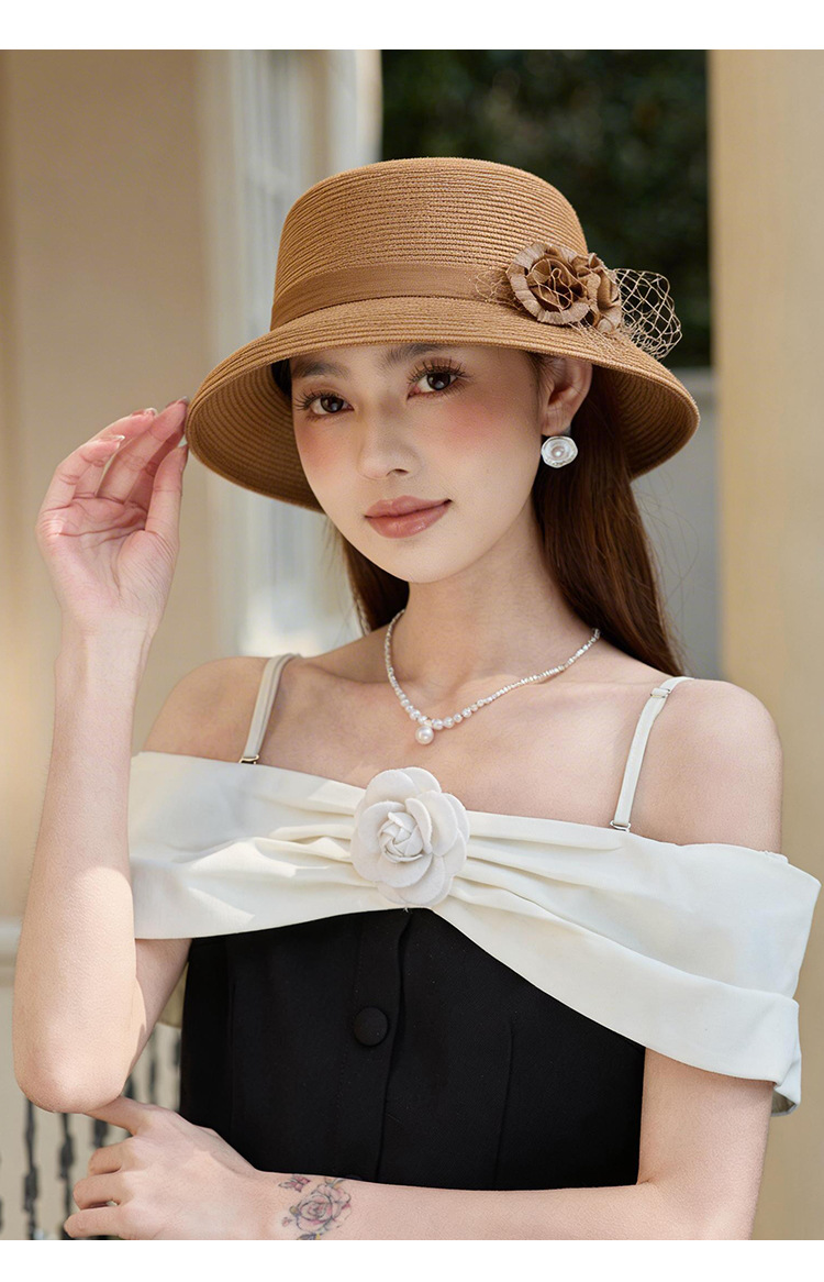 Mũ rộng vành nữ đi biển chất liệu lụa gai hoa nhỏ, chống nắng, kiểu mũ chậu thời trang — màu be chi tiết 6