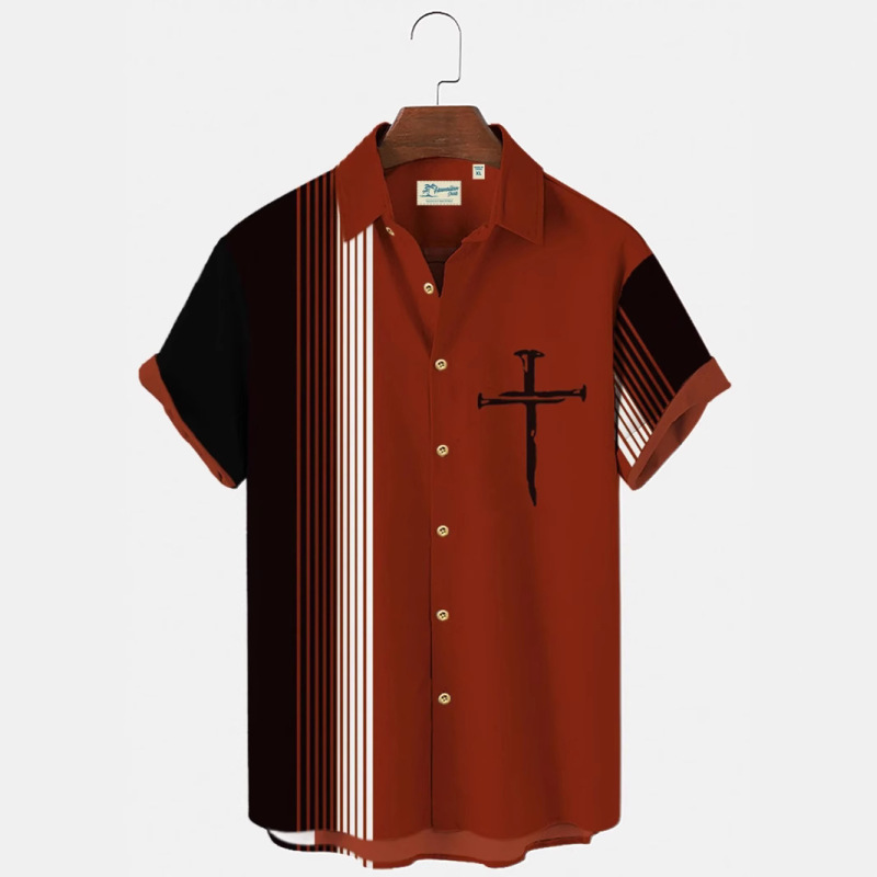 European and American Foreign Trade Cross-Border Amazon, Tk, Independent Site Men's Vintage Bowling Cross Faith Shirt European and American Foreign Trade Cross-Border Amazon, Tk, Independent Site Men's Vintage Bowling Cross Faith Shirt