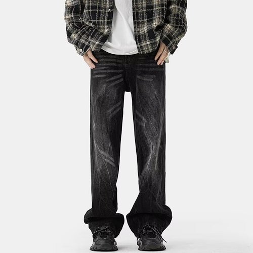 American casual streetwear brand heavy-duty retro denim jeans for men, spring and autumn 2025 new arrival, washed and distressed straight-leg dad jeans