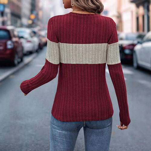 Women's Fashion 2025 Spring New Arrival Amazon TEMU Independent Site Casual Colorblock Ribbed T-Shirt with Round Neck for Women