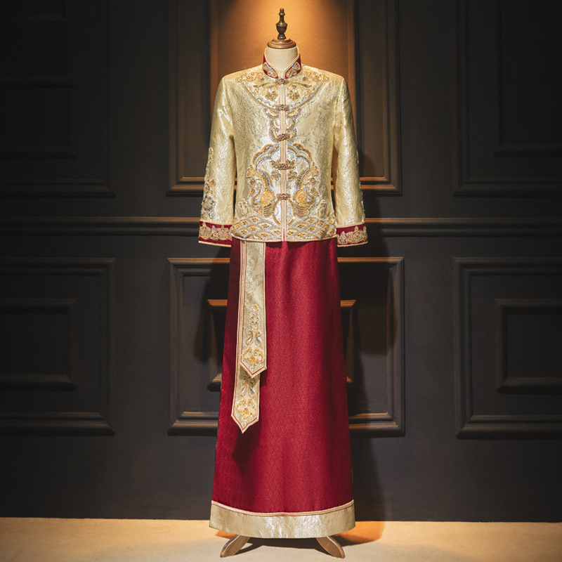 秀禾服男装2025金色秋冬季新郎龙凤褂中式接亲服唐装马褂结婚礼服