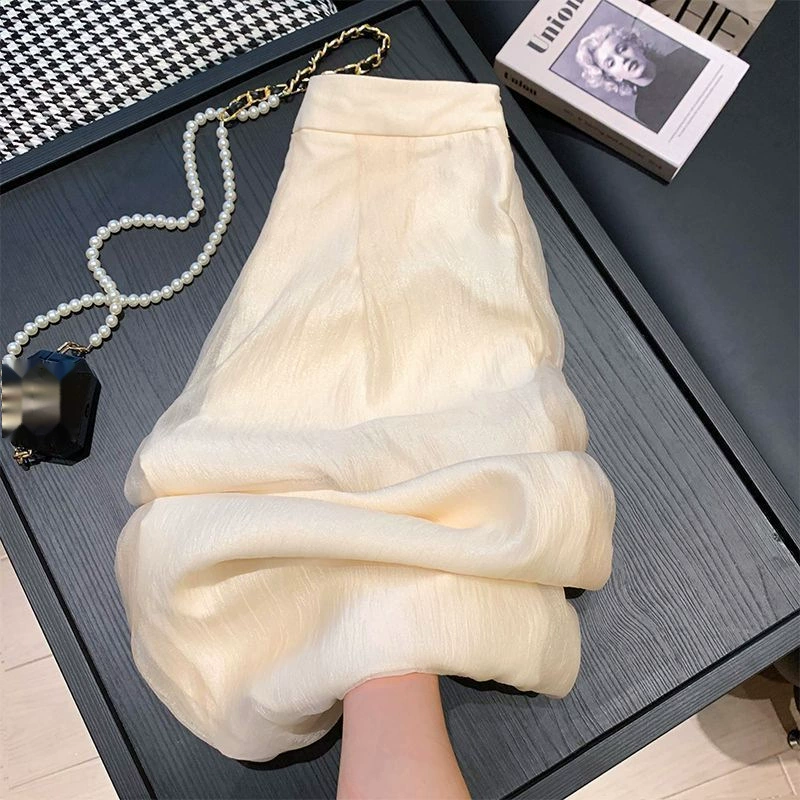 Широкие брюки из фатина для женщин, лето 2025, тонкий стиль, высокая талия, драпированный дизайн, свободные повседневные узкие брюки