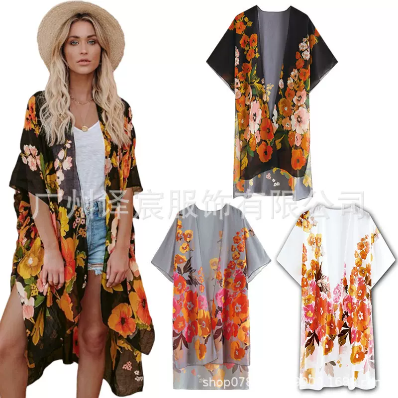 亚马逊热卖欧美女装印花雪纺衫开沙滩比基尼防晒衣沙滩防晒罩衫