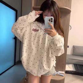 跨境波点卫衣女连帽开衫春秋季新款宽松小个子刺绣国潮拉链外套女