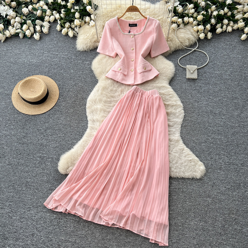 Inspired Women's Pink Two Piece Set Summer Short Sleeve High Waisted Pleated Skirt Sophisticated And Elegant_ecoleips.com