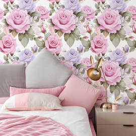 YHB039浪漫水彩玫瑰花朵家居装饰卧室客厅背景墙翻新自粘墙布壁纸