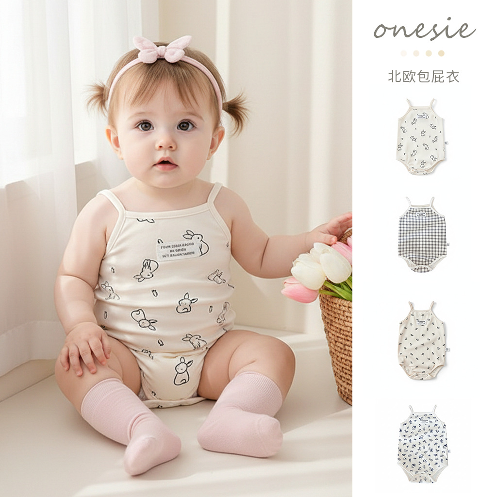 Scandinavian Style Baby Baggy Clothes 2026 Summer New Cute Forest Bunny Flower Sling Baggy Clothes Crawling Clothes