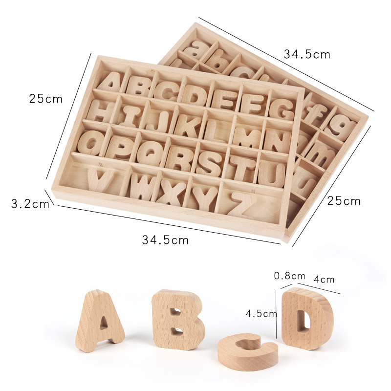 Bloques de madera de beech Monty 26 letras mayúsculas y minúsculas juegos de enseñanza cognitiva al por mayor