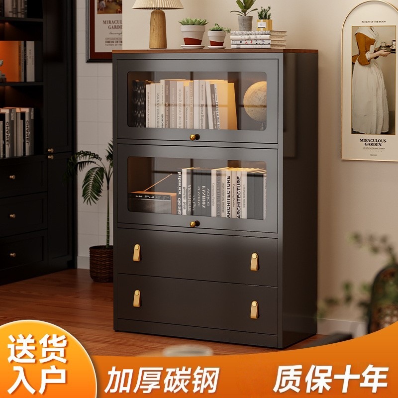 Middle Ancient Steel Glass Flip Bookcase Living Room Storage Cabinet Black Vintage Display Cabinet Storage Cabinet