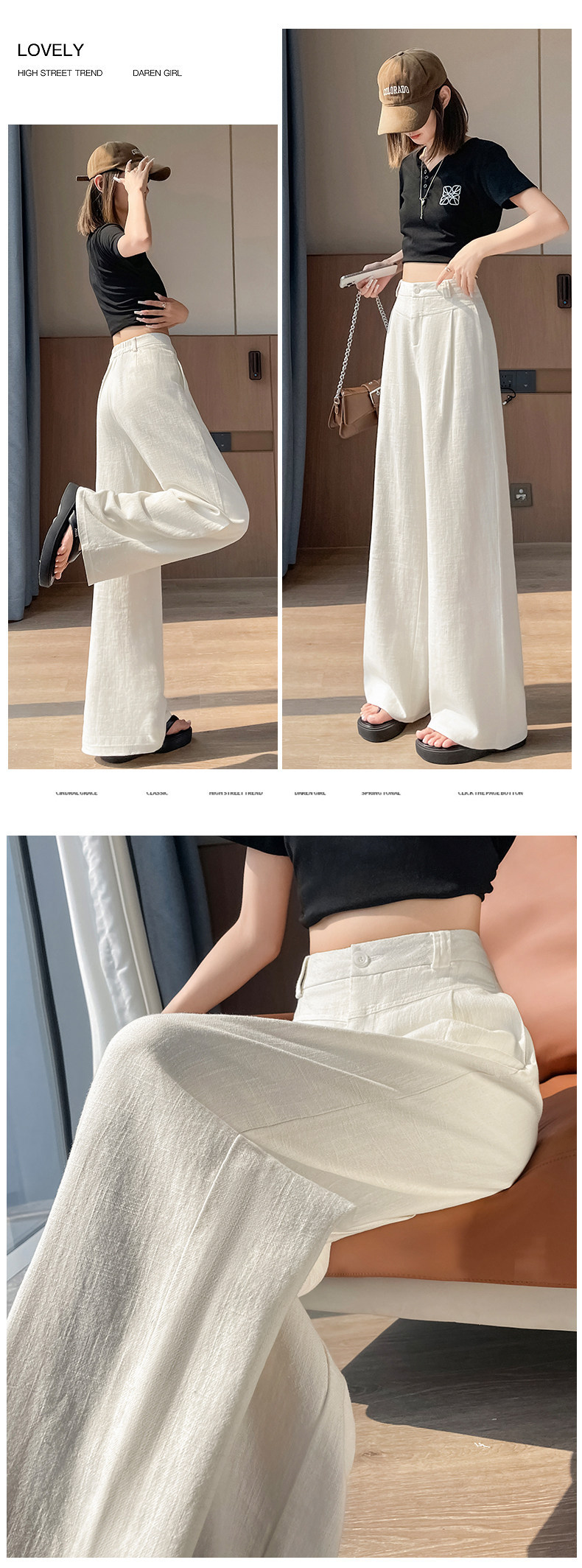 Quần culottes nữ ống rộng cạp cao vải linen phối cotton mềm mại, form suông rộng thoải mái — Trắng Extended chi tiết 31
