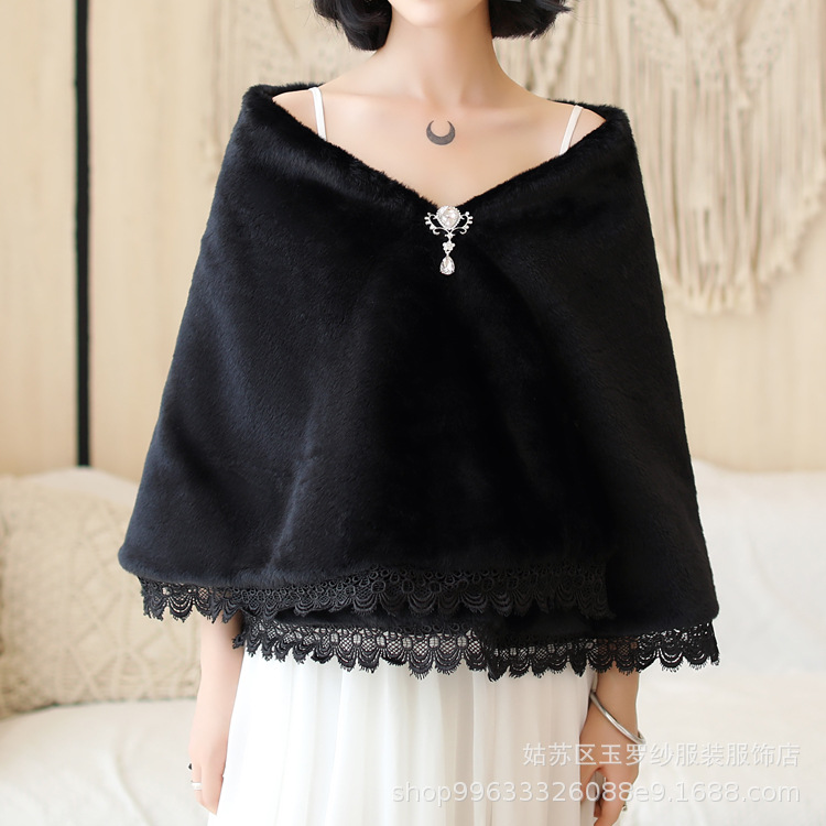 欧美披肩婚纱新娘晚礼服黑灰色欧美婚保暖秋冬毛绒大披风蕾丝坎肩