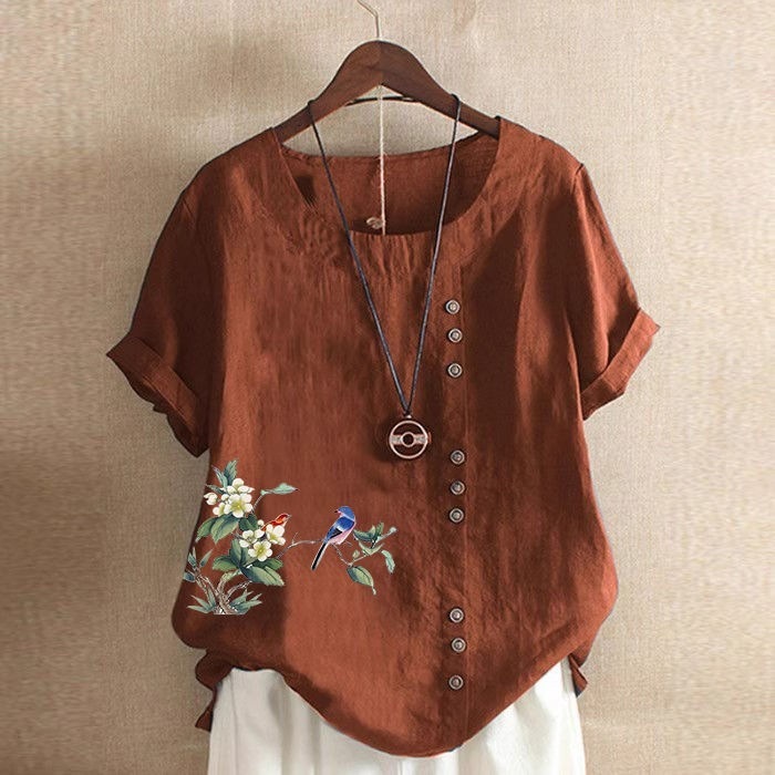 綿麻半袖Tシャツ夏ゆったり大きいサイズ婦人服レトロスタイルプリントボタンシャツシャツトップTシャツ|undefined