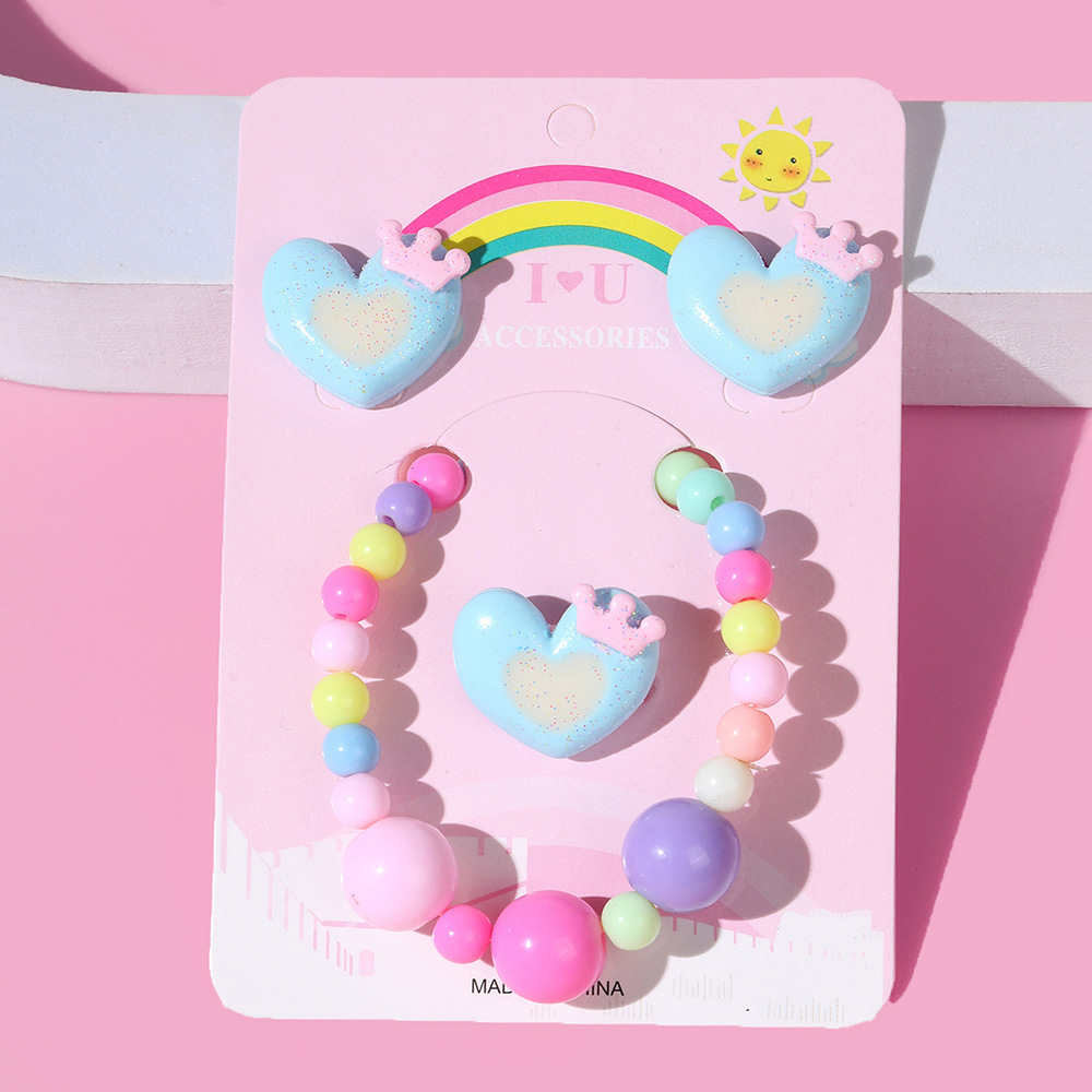 Acrylic Handmade Love Heart Beaded Earrings Ring Bracelet Three-Piece Set
